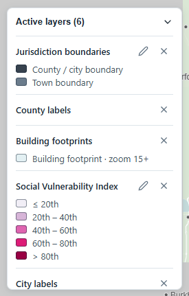 The active layers widget listing layers with pencil and remove buttons