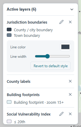 The style editor open in the active layers widget with a color swatch and width slider
